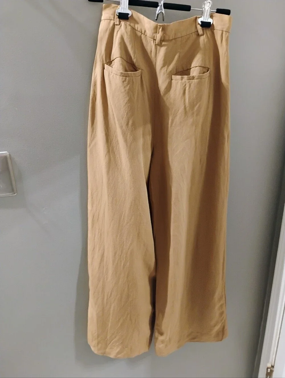 Women's ZARA Sz XS Tan Gold High Rise Pleated Wide Leg Linen Blend Pant